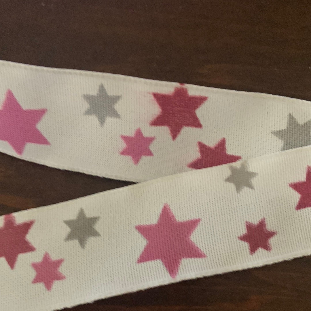 White Grosgrain Ribbon With Pink & Silver Stars - 25mm