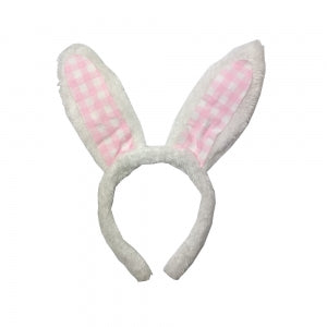 Plush White & Pink Gingham Bunny Ears On Head Band
