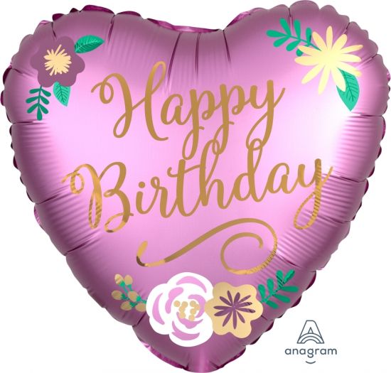 Satin Pink Birthday Heart With Flowers