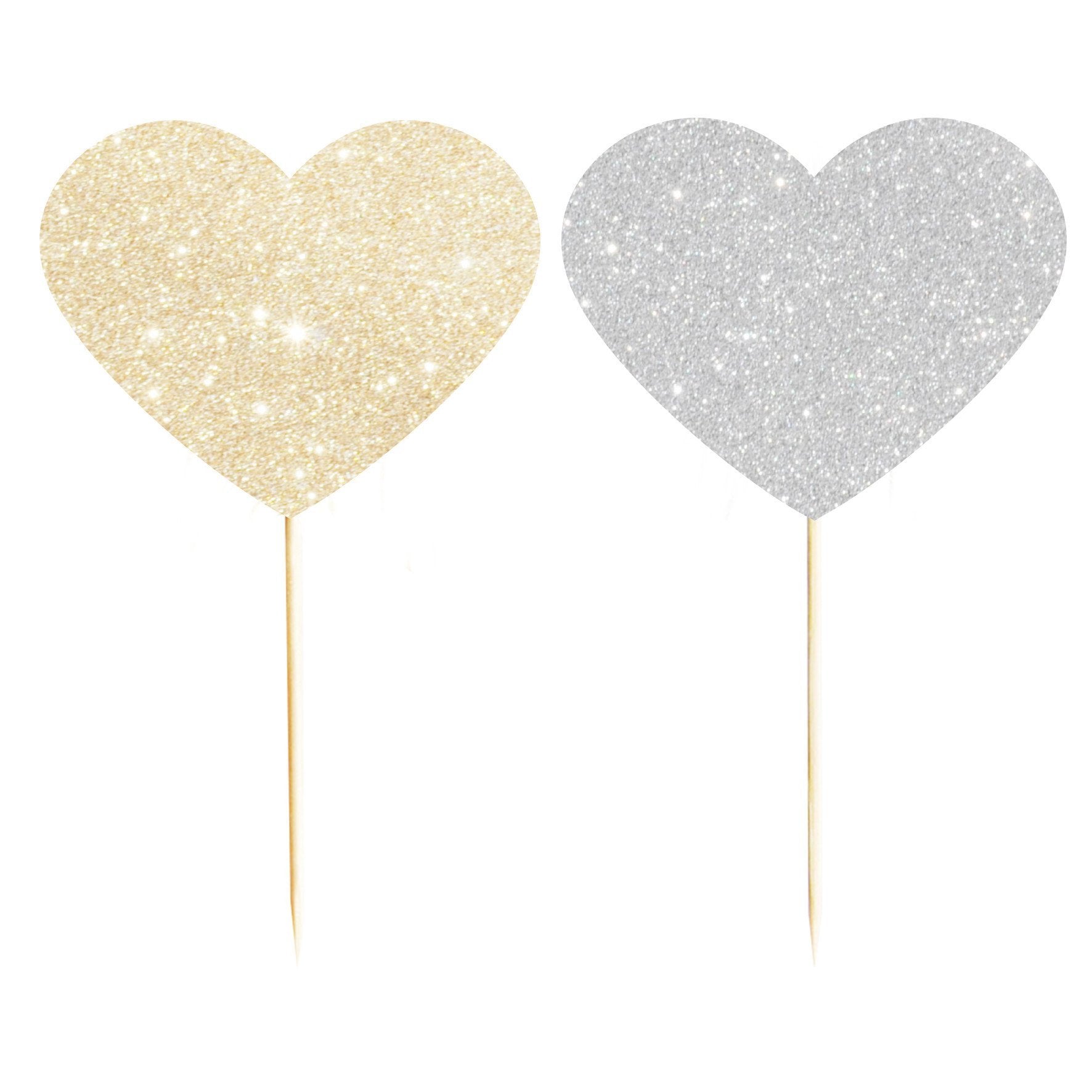 Gold and Silver Glitter Heart Reversible Cupcake Topper 