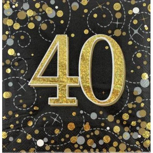 Sparkling Black & Gold 40th Birthday Lunch Serviettes