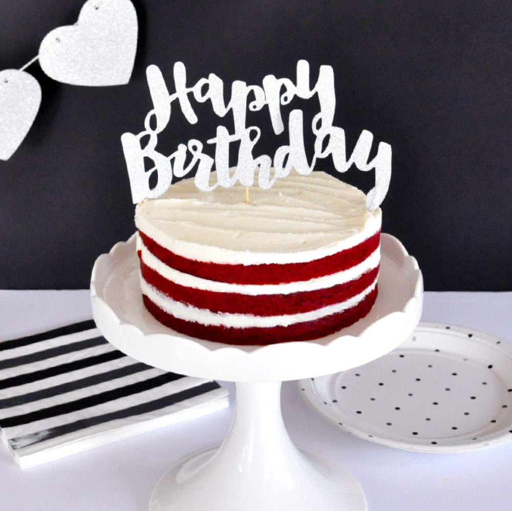 Happy Birthday' Silver Glitter Cake Topper 
