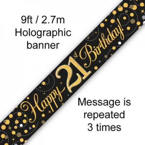 Gold/Black Sparkling Fizz Happy 21st Birthday Holographic Banner