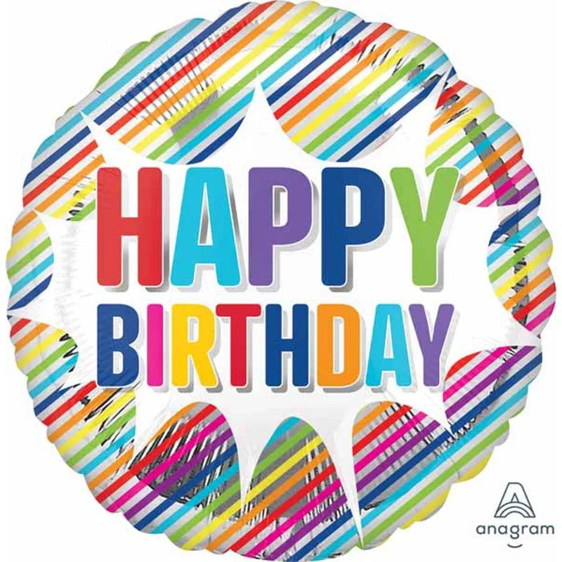 Anagram Happy Birthday striped burst foil balloon with colorful printed design, inflated and ready for celebration.