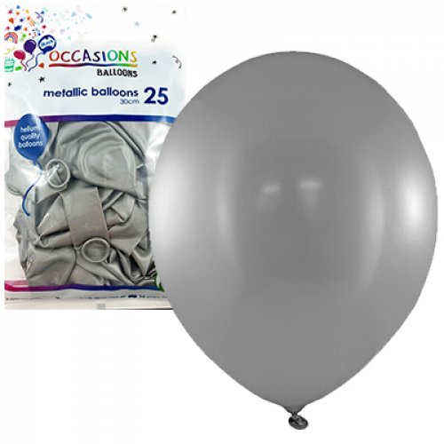 Silver Metallic Latex Balloons - Pack 25 Flat