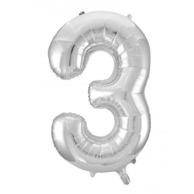 Silver Number 3 Three 86cm Foil Balloon - Decrotex - Party Affair