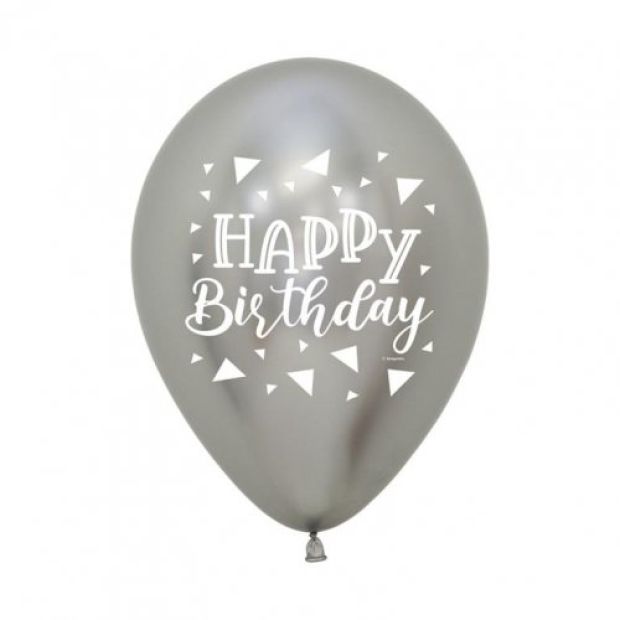 Silver Triangles Happy Birthday Chrome Latex Balloon