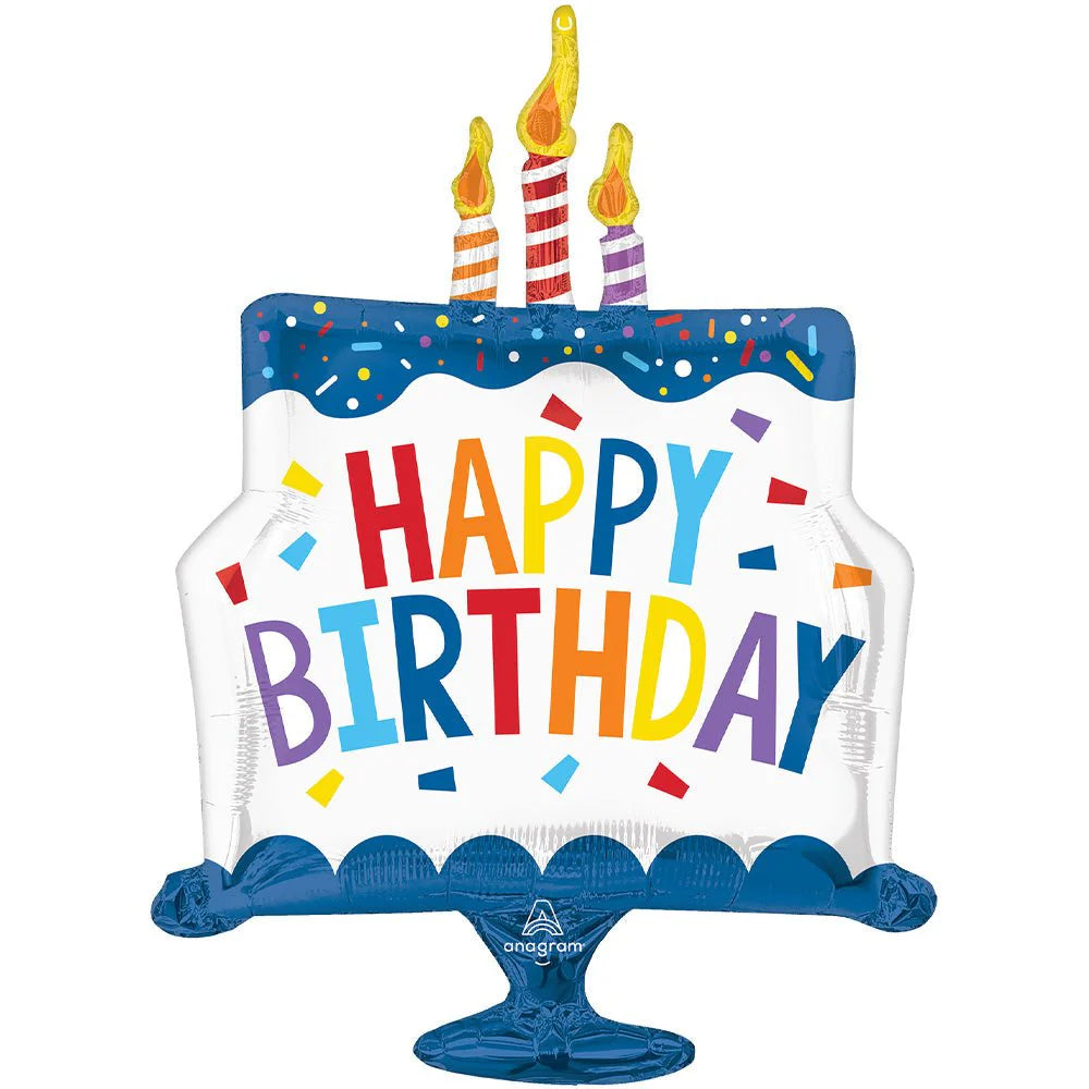 29-inch Anagram Happy Birthday tiered cake foil balloon with colorful birthday cake design, perfect for celebration decorations
