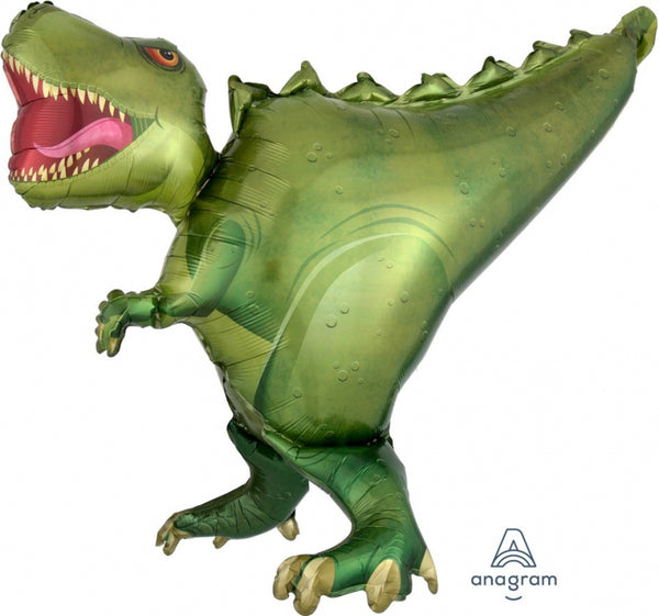 T-Rex Dinosaur foil balloon in shiny silver with detailed T-Rex design, large size, perfect for dinosaur-themed celebrations.