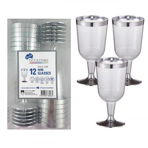 Silver Trim Plastic Wine Glass 175ml Box12