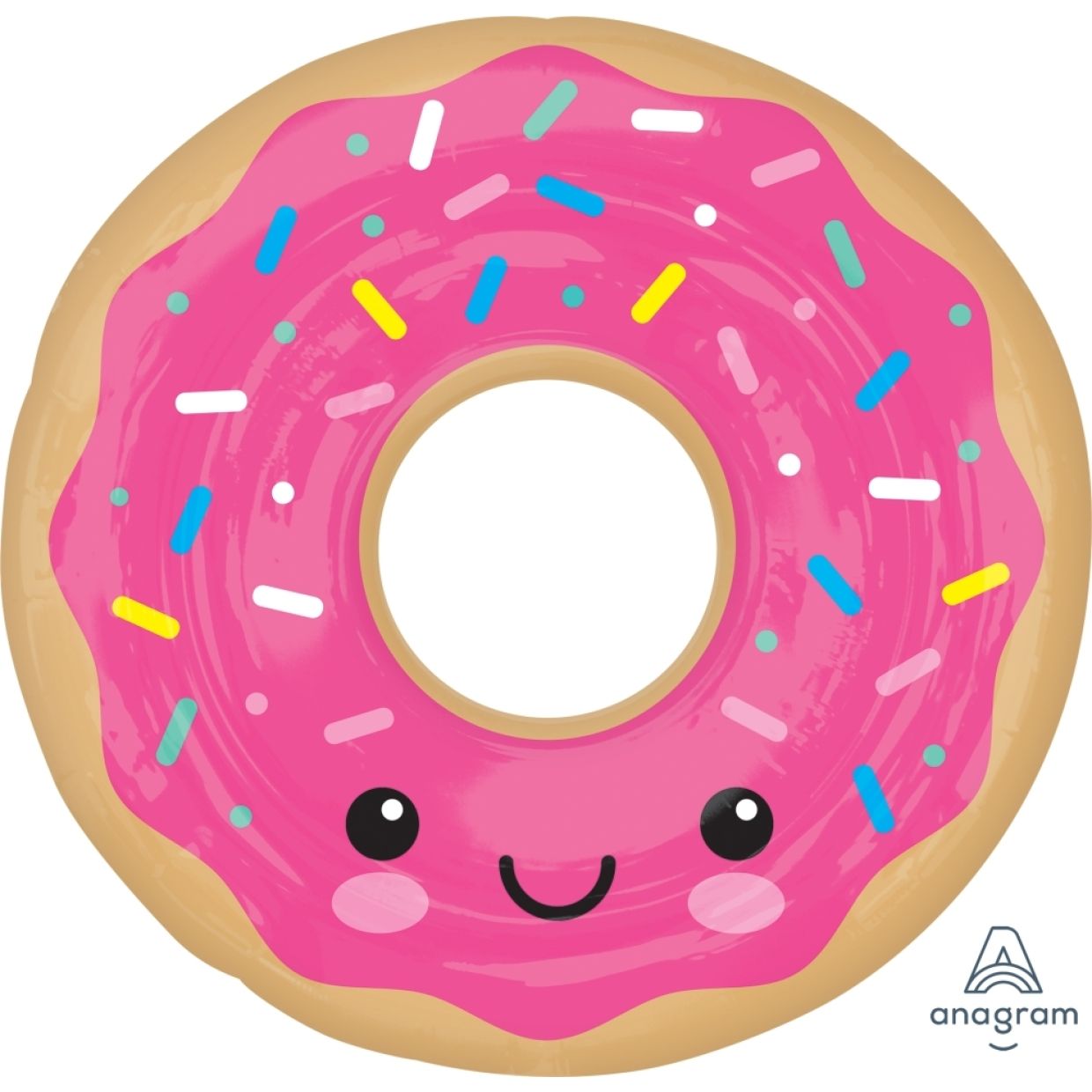 Betallic donut-shaped foil balloon showing a shiny, metallic finish and detailed donut design with pink icing and sprinkles.