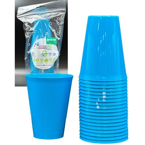Set of 20 Azure Blue Alpen plastic reusable cups, 285ml capacity, perfect for drinks and eco-friendly use.