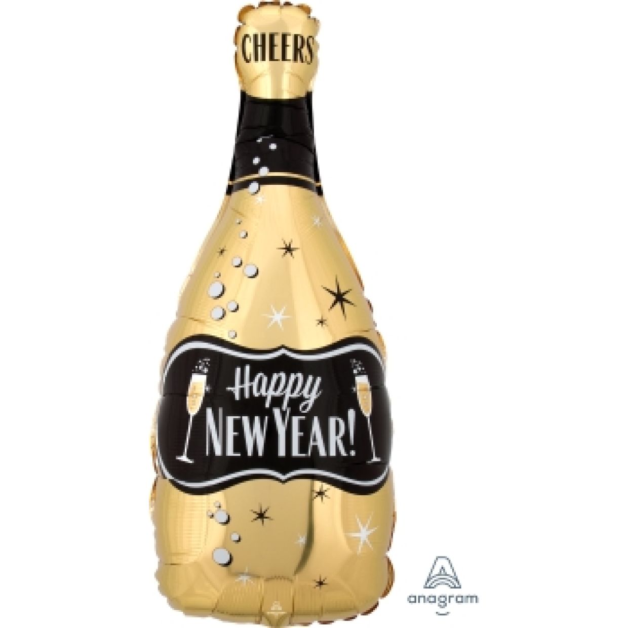 Happy New Year Gold/Black Bubbly Bottle (2 side print) Foil Shape Balloon