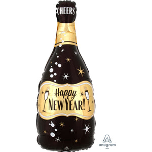 Happy New Year Gold/Black Bubbly Bottle (2 side print) Foil Shape Balloon