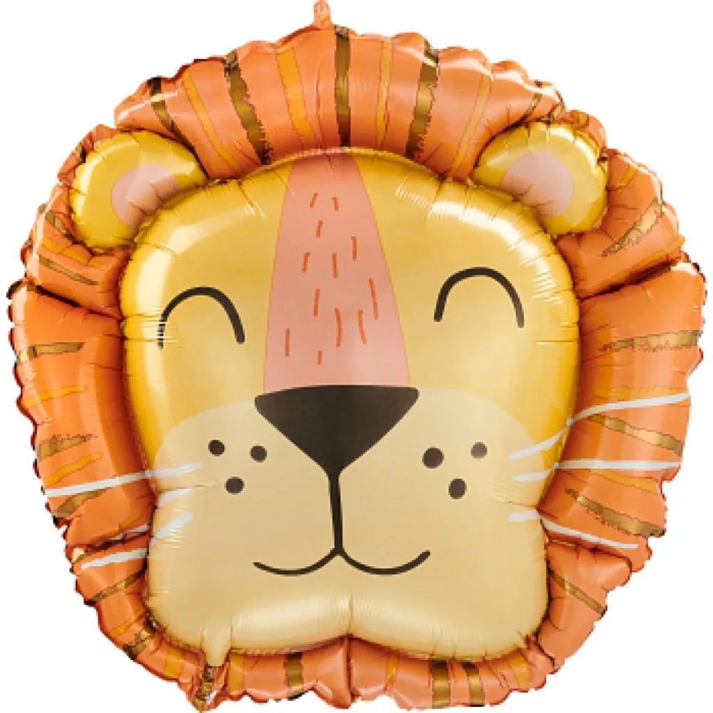 Betallic Jungle Get Wild Lion foil balloon featuring a detailed lion head shape, vibrant colors, and jungle-themed design.