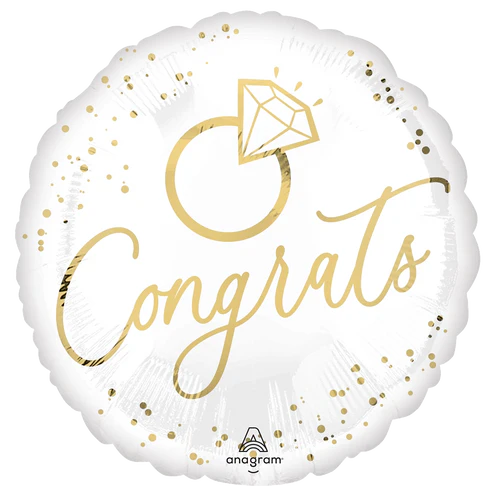 Gold foil balloon with "Congrats" message, designed for celebrations, featuring a shiny finish and decorative lettering.