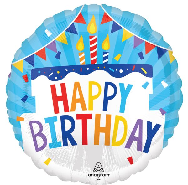 Colorful Happy Birthday tiered foil balloon by Anagram, featuring bright birthday-themed designs and multiple balloon tiers.