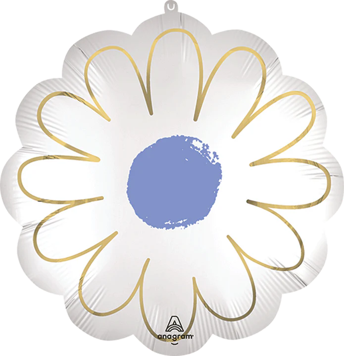 Satin white daisy foil balloon shaped like a flower, PartyDeco brand, shiny and festive for celebrations and parties.