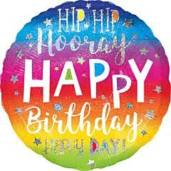 Holographic foil balloon with "Hip Hip Hooray" message, large jumbo size, shiny rainbow colors, by Anagram, celebration party decoration