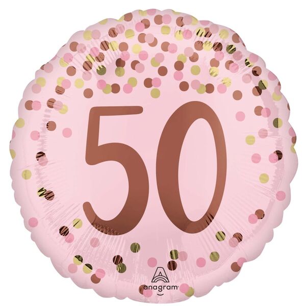Pink foil balloon celebrating 50th birthday, branded Grabo, with shiny, reflective surface and festive design.