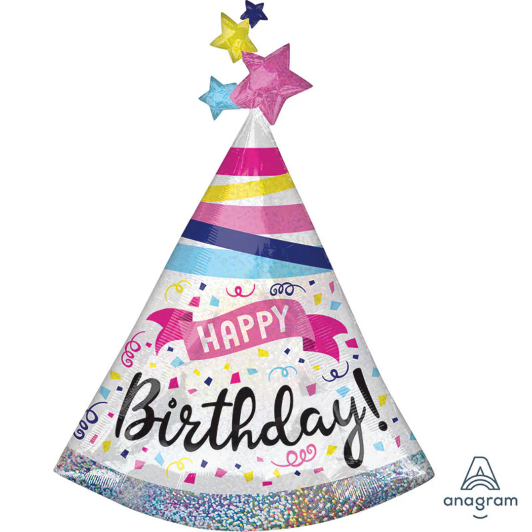 Sparkling foil balloon in birthday hat shape with "Happy Birthday" message by Anagram, 4x4 inch size, decorated with colorful foil accents.