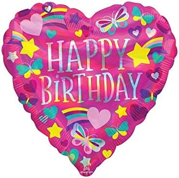 Holographic iridescent rainbow hearts foil balloon for birthday celebrations, featuring colorful heart designs by Anagram.