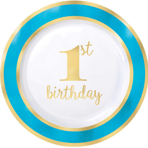 1st Birthday Blue Plastic Plates Hot Stamped - Party Affair