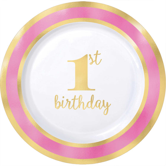 1st Birthday Pink Plastic Plates Hot Stamped - Party Affair