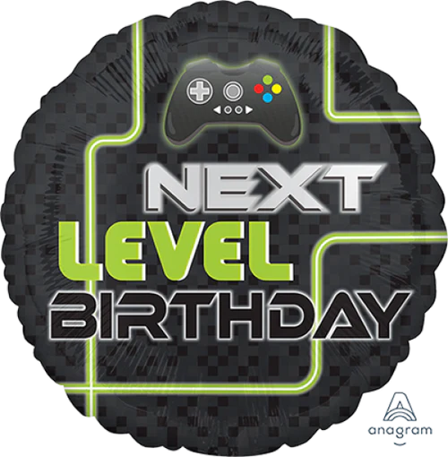 Anagram Level Up Next Level birthday gaming foil balloon with colorful gaming-themed design, inflated and ready for celebration.