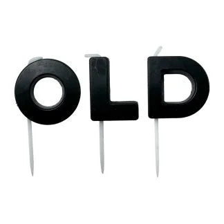 Set of three black "OLD" candles by Amscan, featuring tall, sleek candle designs perfect for vintage or gothic-themed decor.