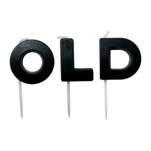 Pack of three black "OLD" candles by Amscan, featuring tall cylindrical design with vintage-style lettering.
