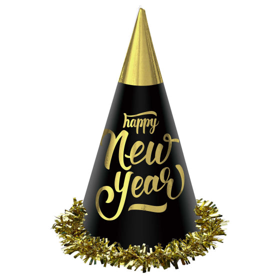 Happy New Year Black & Gold Foil Cone Hat 23cm