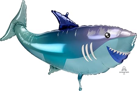 Shark-shaped foil balloon with a smiling face, colorful design, and shiny surface, suitable for celebrations and parties.