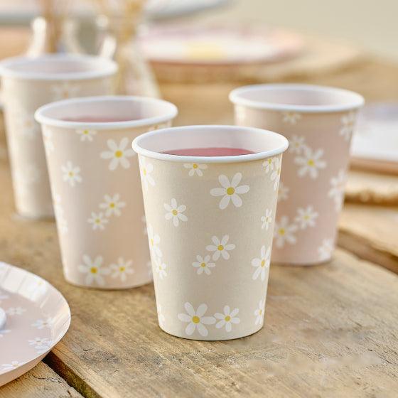 Daisy Patterned Taupe & Pink Paper Cups - Party Affair