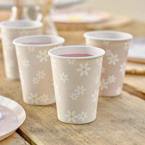 Daisy Patterned Taupe & Pink Paper Cups