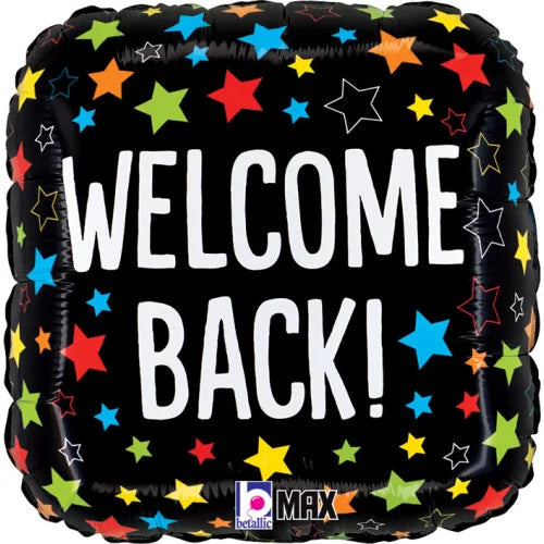 Silver foil balloon with "Welcome Back" message from Anagram, inflated and ready for celebration or decoration.