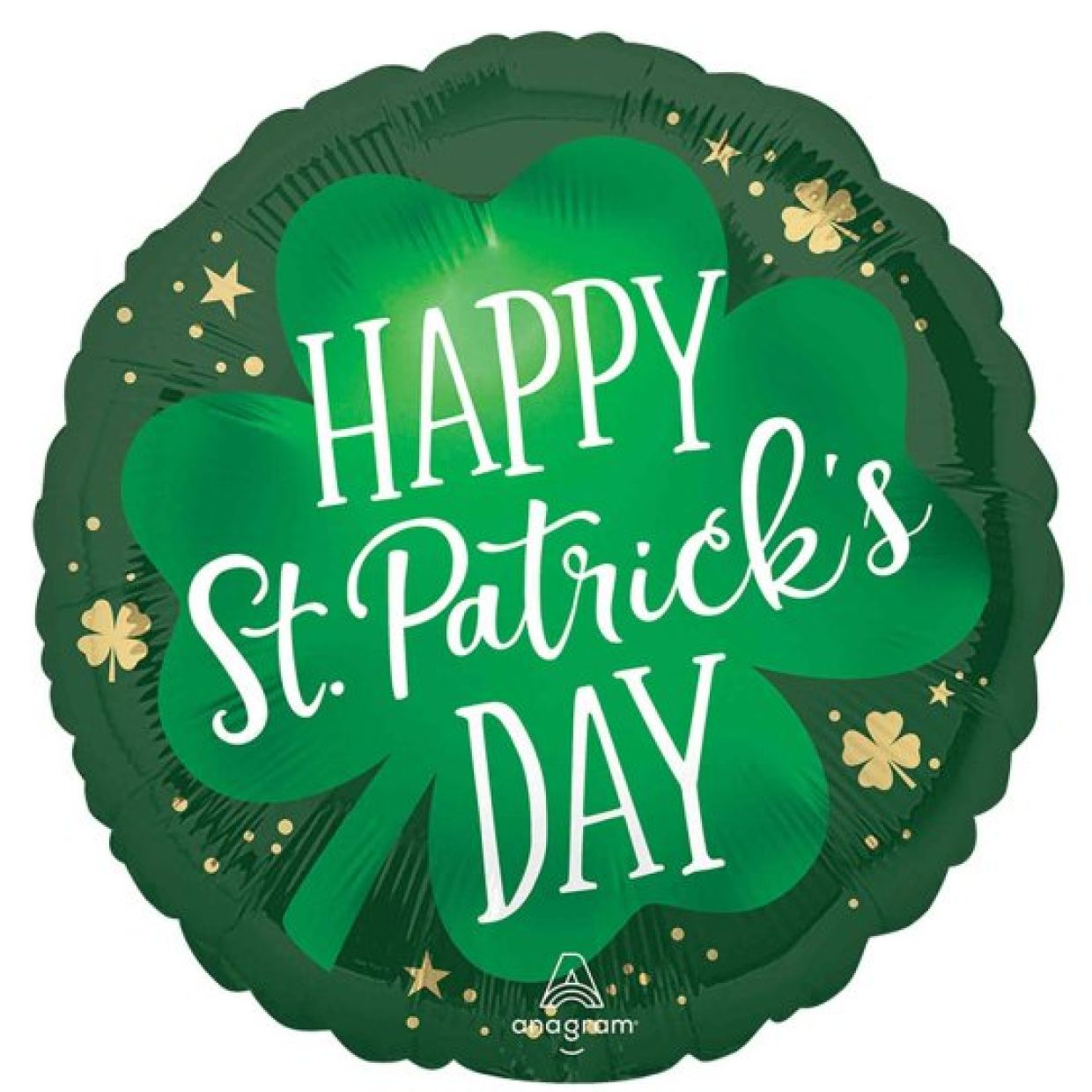 Shamrock-shaped foil balloon from Qualatex with green and gold Lucky St. Patrick's Day design, inflated and ready for celebration.