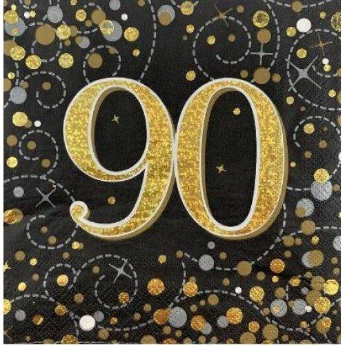 Sparkling Black & Gold 90th Birthday Lunch Serviettes - Party Affair