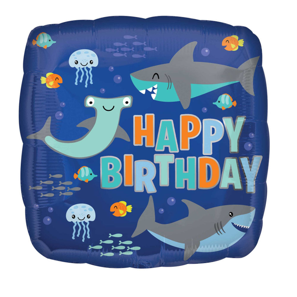 Shark Happy Birthday square foil balloon by Anagram featuring a shark design for birthday celebrations.
