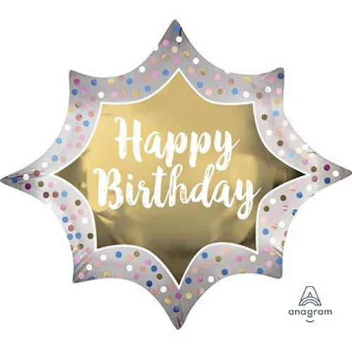 Gold Burst satin foil balloon shaped for birthdays, featuring a shiny, festive design by Anagram.