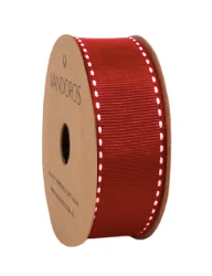 Red / White Stitch Grosgrain Ribbon - 22cm