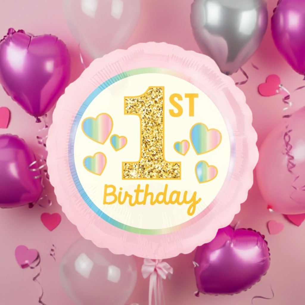 1st Birthday Pink Hearts Foil Balloon