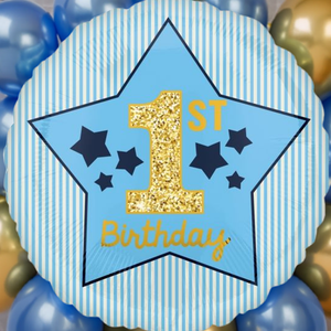 1st Birthday Blue & Gold Foil Balloon