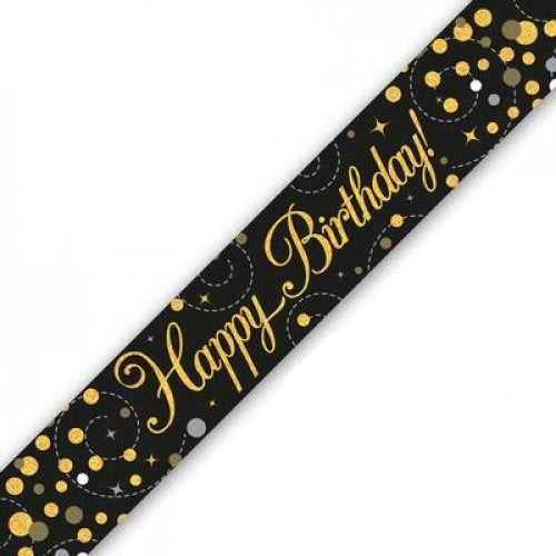 Gold/Black Sparkling Fizz Happy Birthday Holographic Banner