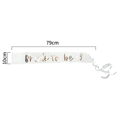 Rose gold and white "Bride To Be" sash from Trademart, featuring elegant costume design with floral accents and a satin finish.