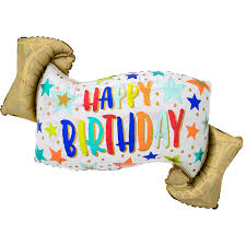 Iridescent Happy Birthday foil balloon banner by Anagram, featuring colorful, shiny birthday message for celebration decor