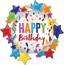 Foil balloon with a happy birthday message and big starburst design, produced by Anagram, perfect for birthday celebrations.