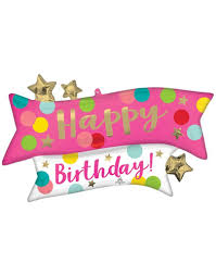 Pink foil balloon with "Happy Birthday" confetti design from Anagram, perfect for celebrating birthdays.
