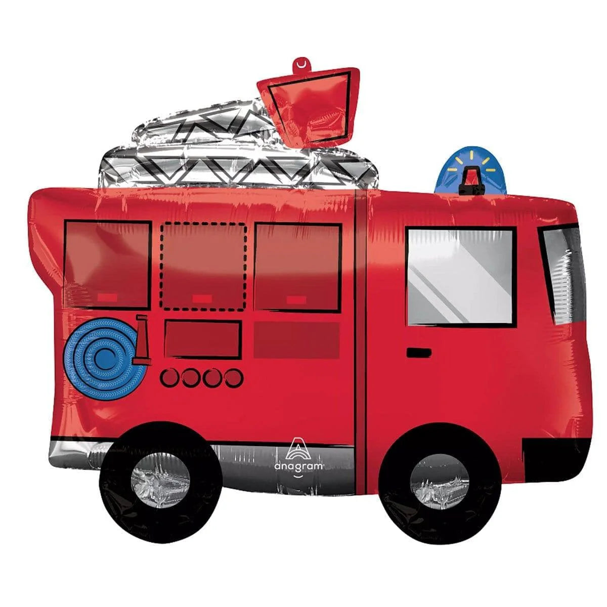 Foil balloon shaped like a fire truck from Anagram, featuring vibrant colors and detailed fire fighter truck design.