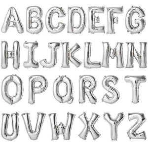 Silver foil letter balloon spelling "Test Product" for celebration events, branded by Party Affair.